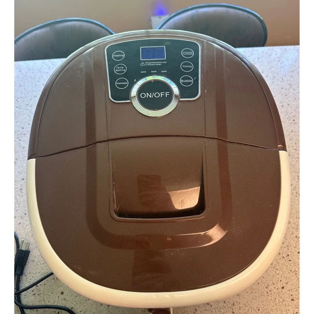 Electric Foot Spa Massager with Heat Bubbles and Motorized Massage Rollers Brown